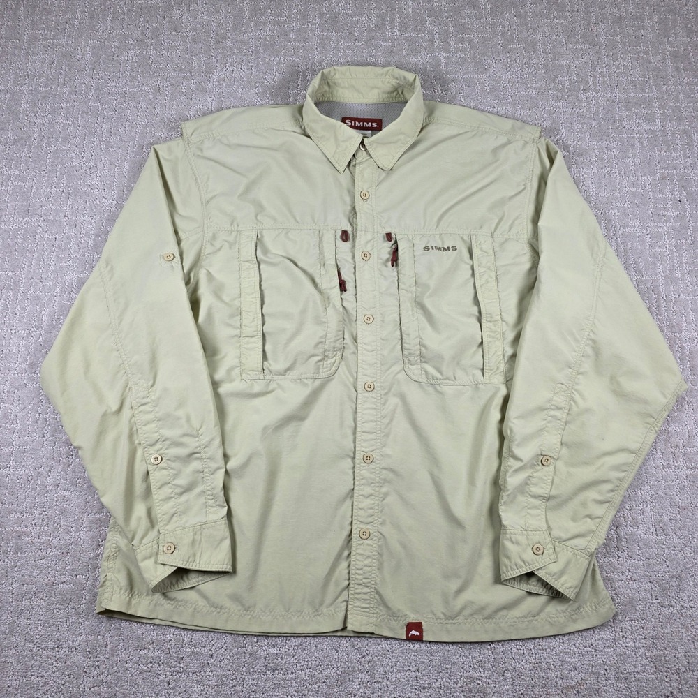 Simms Mens XL Long Sleeve Fishing Shirt Khaki Green Ventilated Pockets RN103631